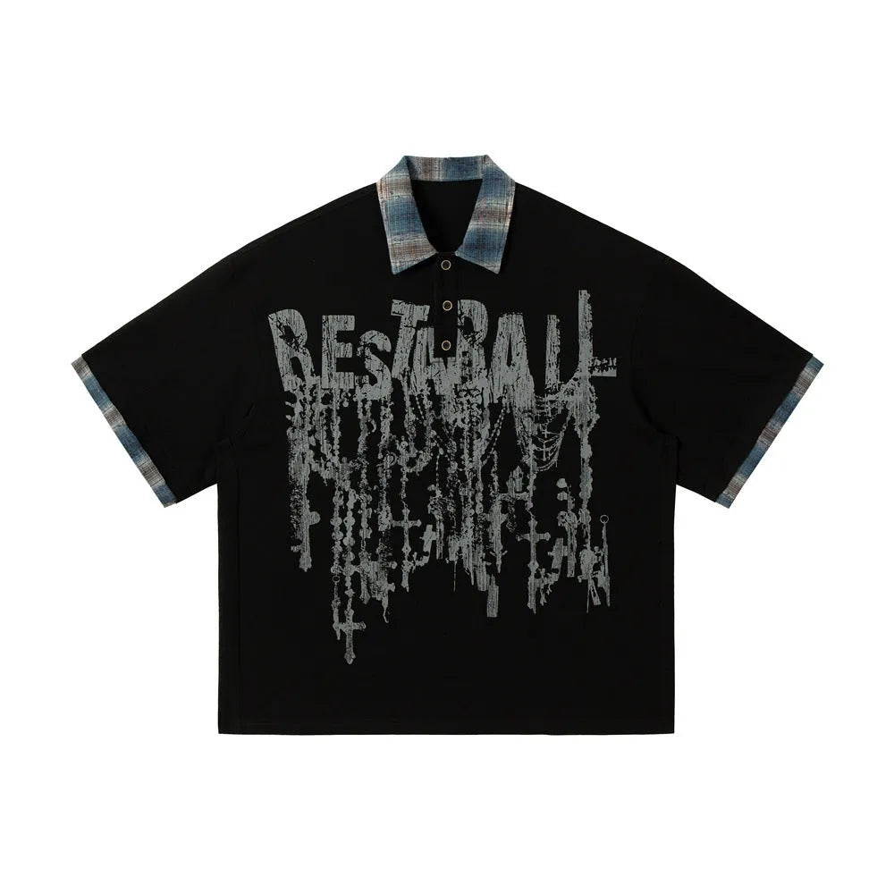 Men's loose graffiti print cotton top with asymmetric lapel in blue and red colours