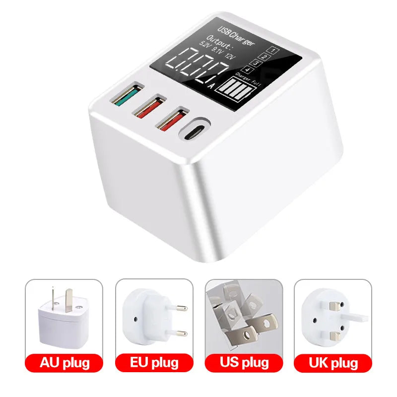 White 4-port fast travel charger with smart display, QC3.0 and PD3.0 ports, and UK plug.