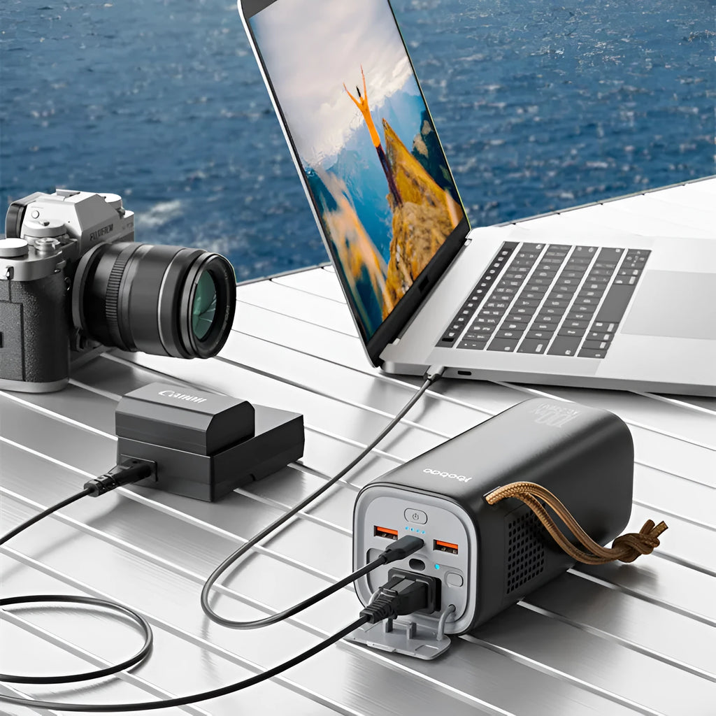 Black portable power bank with solar charging panel, 200W output capacity for outdoor emergency power supply