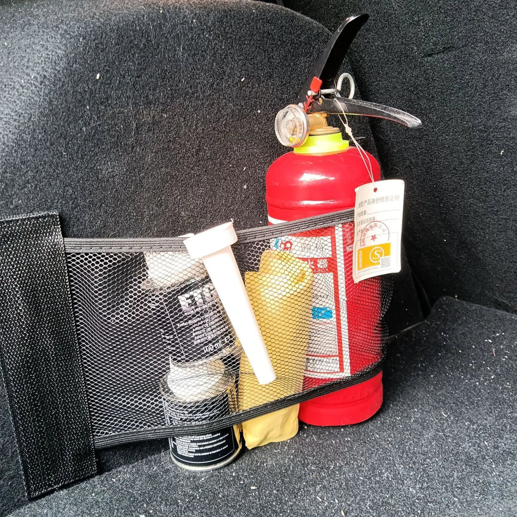 Grey elastic polyester car trunk storage net organiser in two size options.
