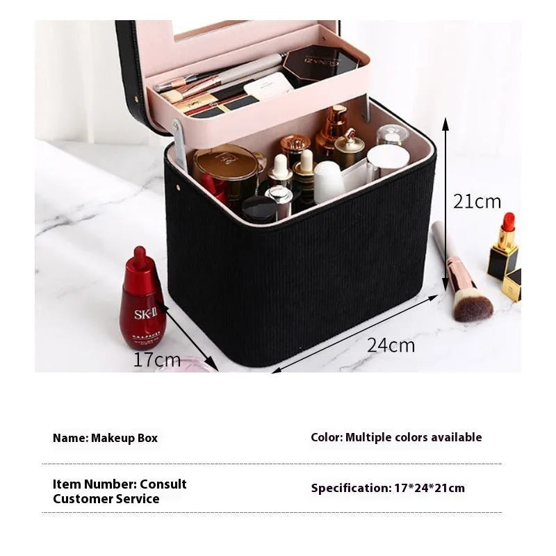 Corduroy cosmetic storage box with large capacity interior and polyester cotton lining