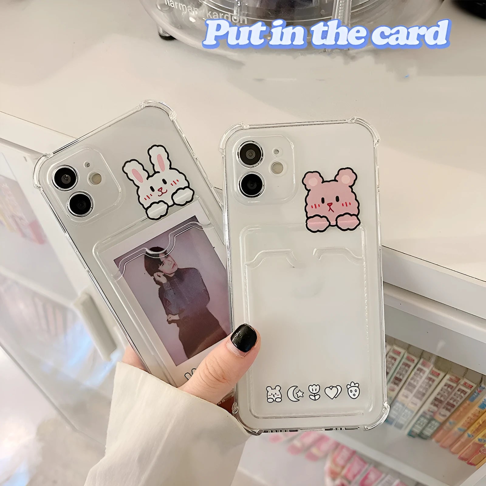 Cartoon design transparent TPU phone case with card slot for iPhone, shown in BQ2472 colour.
