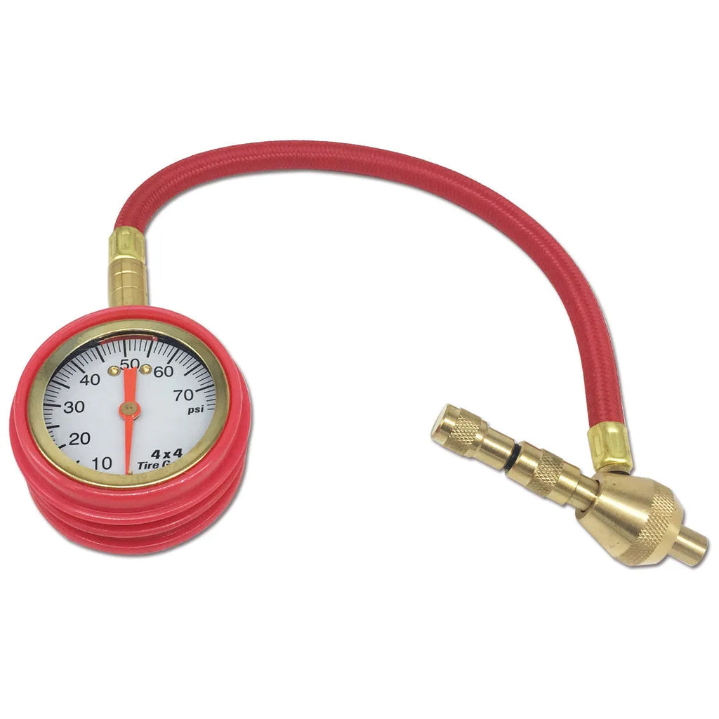 Copper mechanical tyre pressure gauge for cars and SUVs in red or black colour.