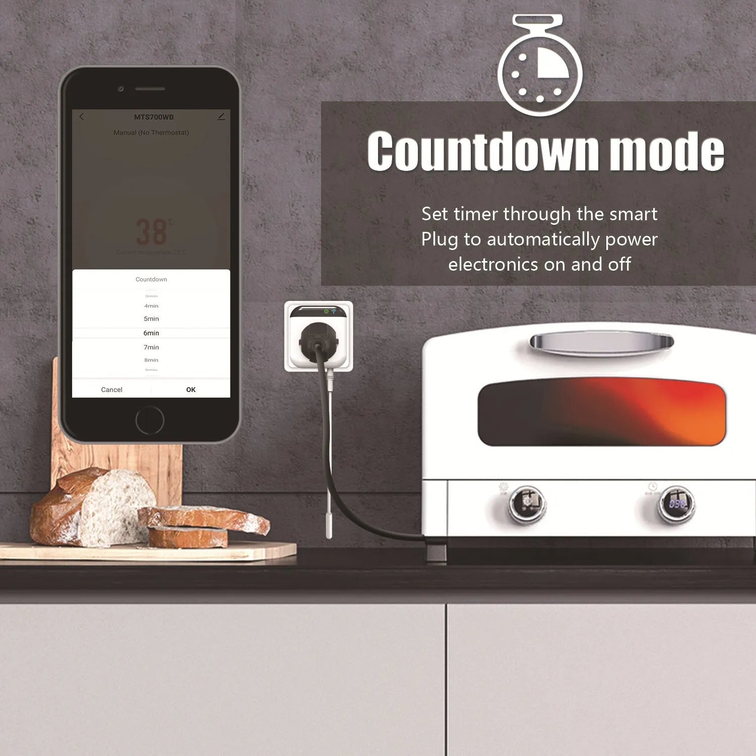 White Tuya smart temperature control socket with US three-prong outlet and a connected temperature sensor probe.