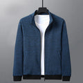 Men's black athletic fit casual jacket with a stand-up collar and front zip closure on a hanger.