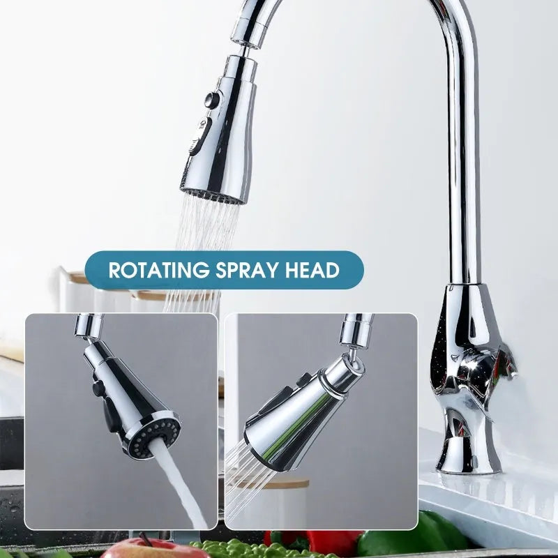 Universal pressurised kitchen faucet sprayer with rotating nozzle in silver finish showing three spray modes