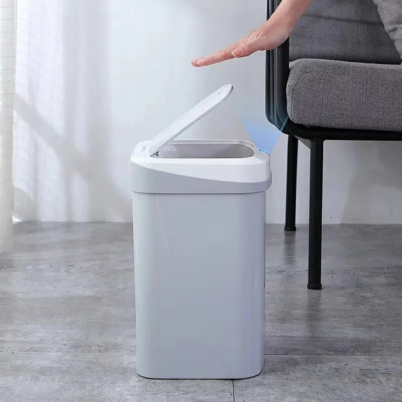 Plastic induction trash can with lid in black or white for living room, kitchen, or toilet