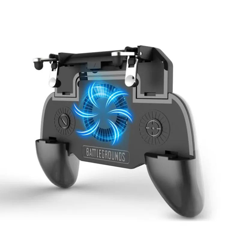 Black mobile game controller with grip and buttons for smartphones on a plain background