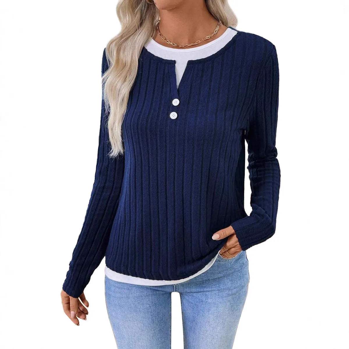 Women's fake two-piece round neck button pullover sweater with concave stripe fabric