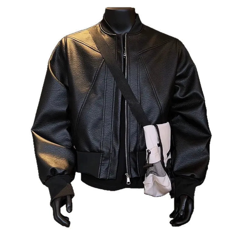 Men's black PU leather jacket with extended length and tight fit design
