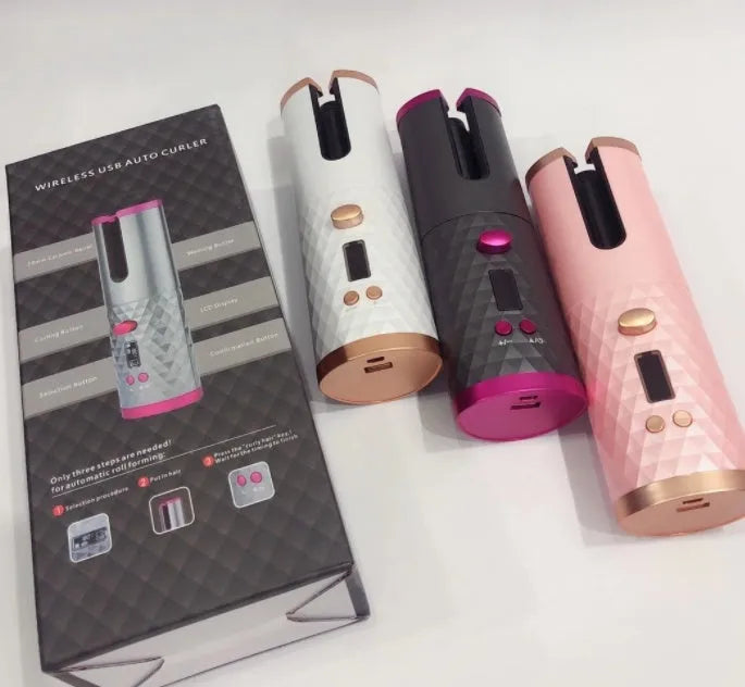 White automatic USB curling iron with ceramic barrel showing temperature control settings