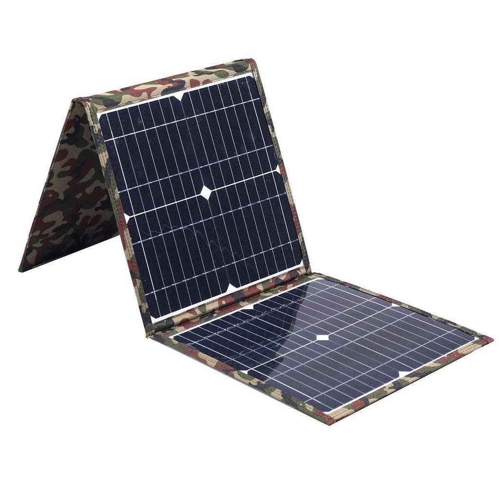 Black foldable 36W portable solar panel unfolded, showing its solar cells and included car charger and USB accessories.