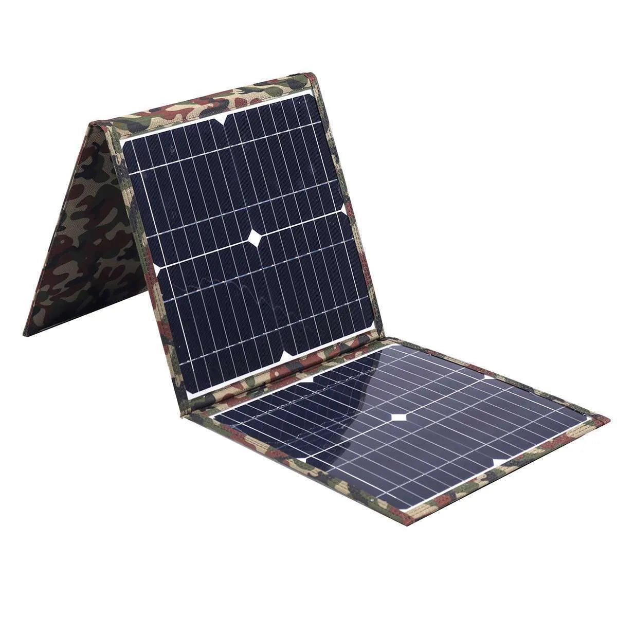 Black foldable 36W portable solar panel unfolded, showing its solar cells and included car charger and USB accessories.