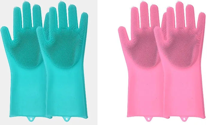 Blue silicone cleaning gloves with textured scrubbing surface on palms for washing dishes