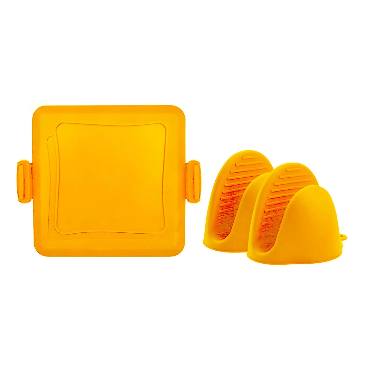 Red silicone baking tray with handbag-style handles and matching oven gloves set