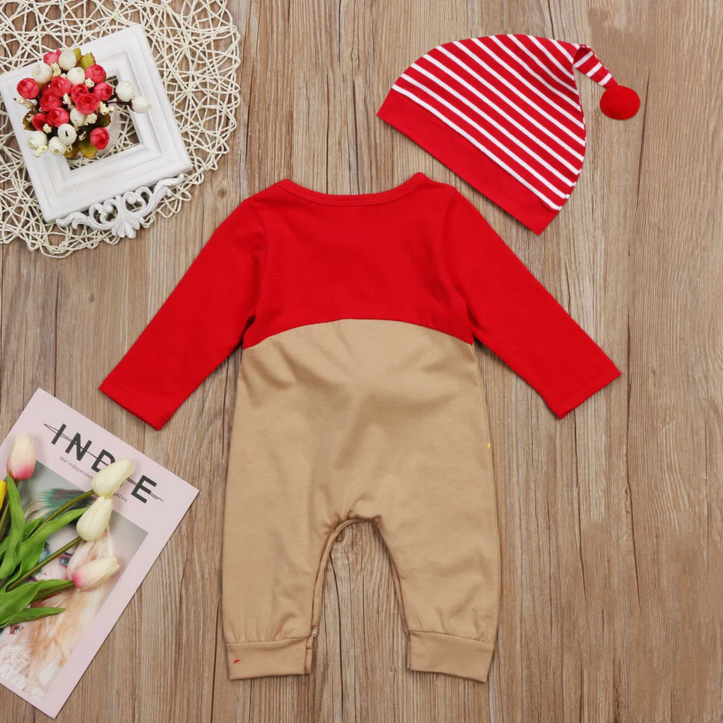 Christmas deer romper in red, long sleeve cotton unisex baby outfit for autumn and spring, sizes 70-100