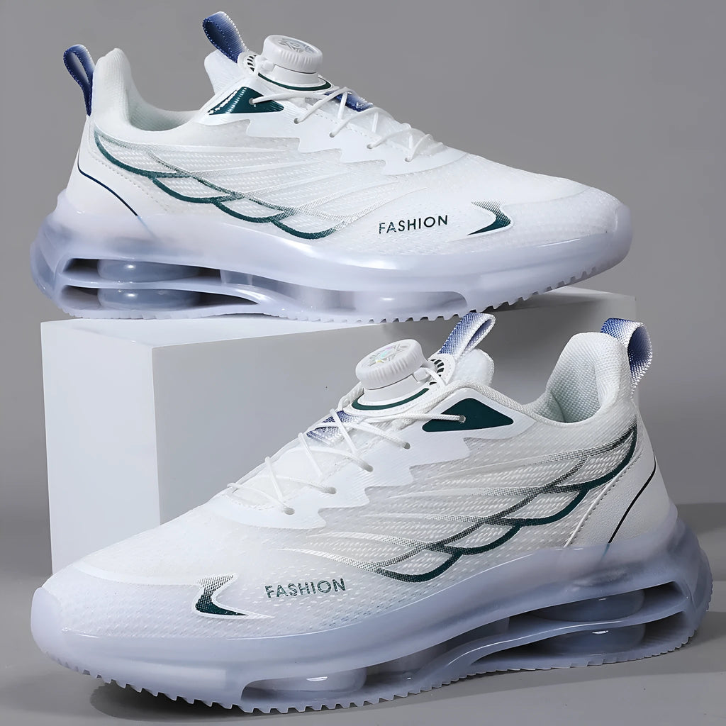 White men's low-top casual running shoes with rotating button closure and mesh upper.