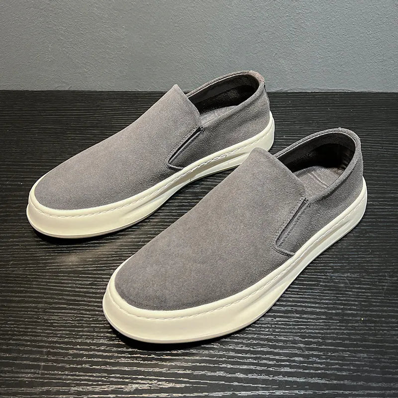 Men's grey and apricot casual slip-on shoes with height increasing insoles and round toe design