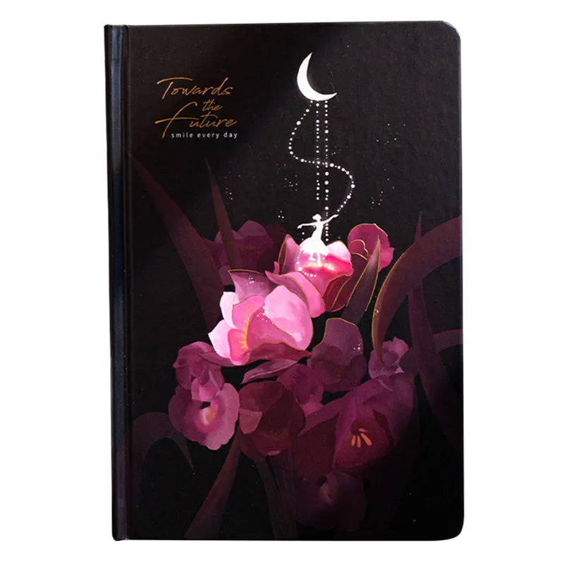 A5 notebook with luminous cover open to show colour illustrated pages, in Purple colour option.