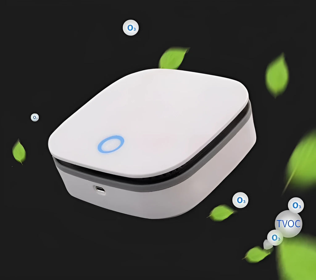 White USB-powered car air purifier with one-button control for odour removal and air disinfection.