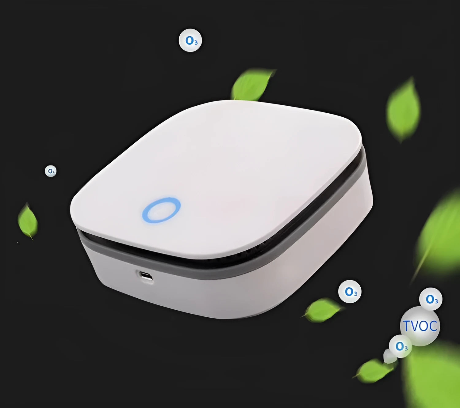 White USB-powered car air purifier with one-button control for odour removal and air disinfection.
