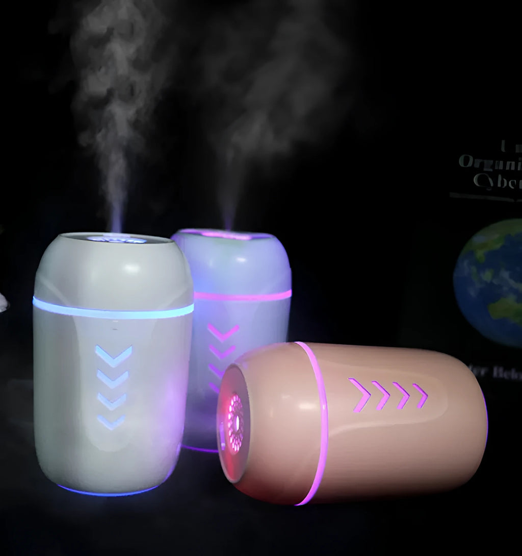 X3 portable car humidifier with columnar design in blue, pink and white colour options