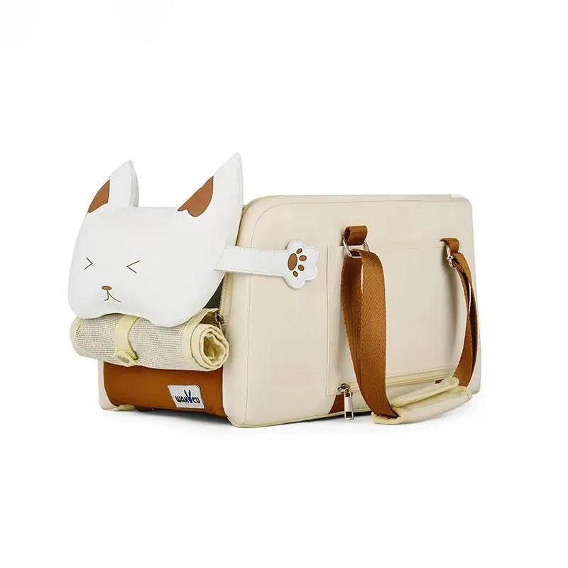 Beige hard-shell EPE padded portable cat carrier with one shoulder strap, shown next to measurements.