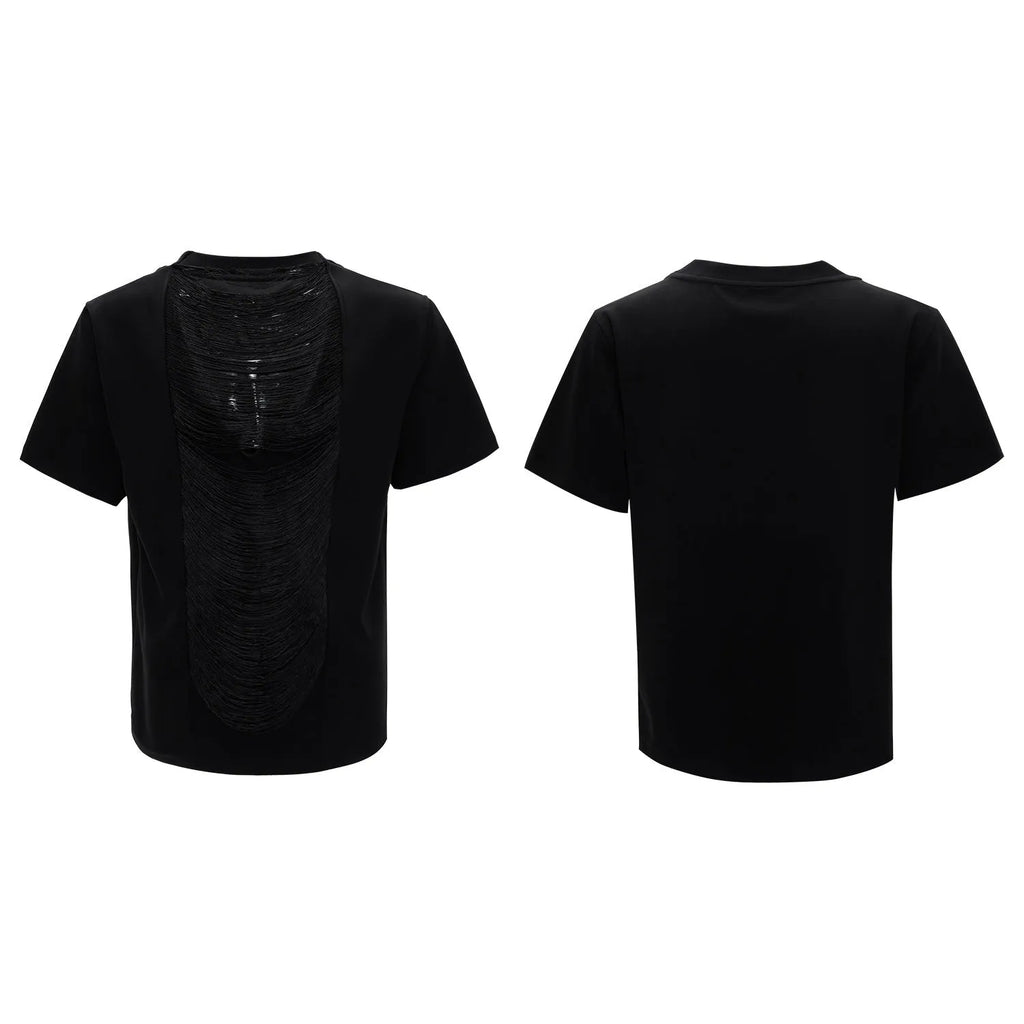 Black men's V-neck loose T-shirt with short sleeves and tassel detail