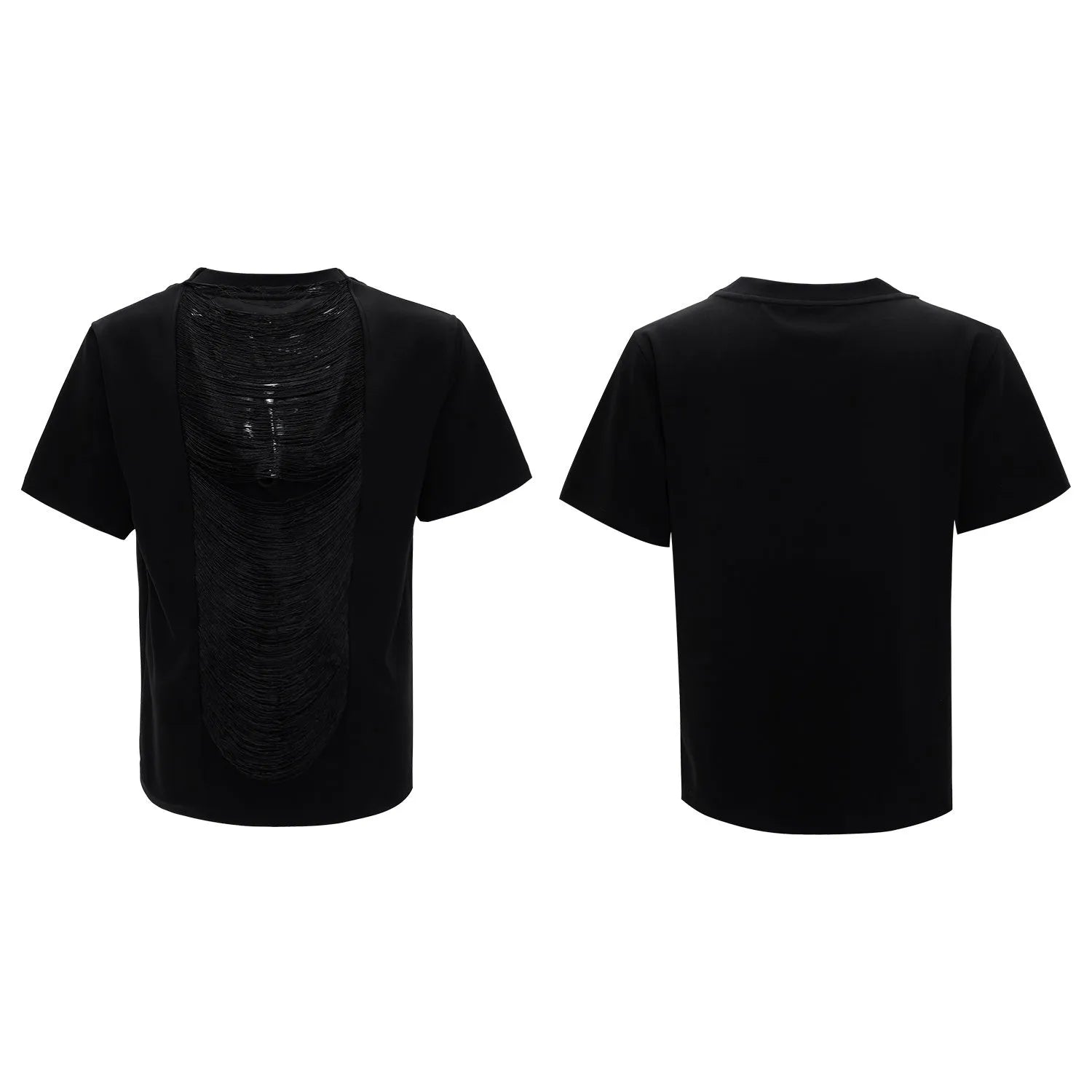 Black men's V-neck loose T-shirt with short sleeves and tassel detail