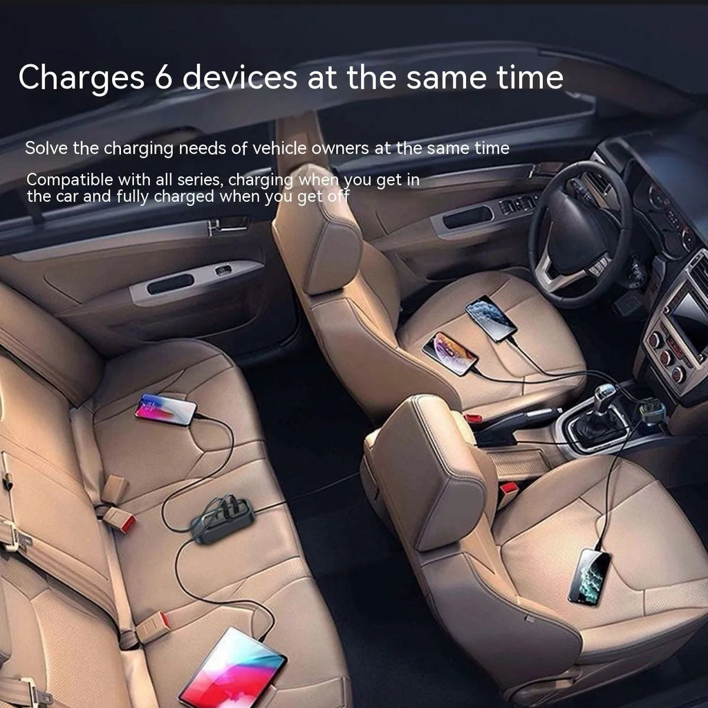 Black automatic retractable car charger with USB ports for Apple and Huawei devices