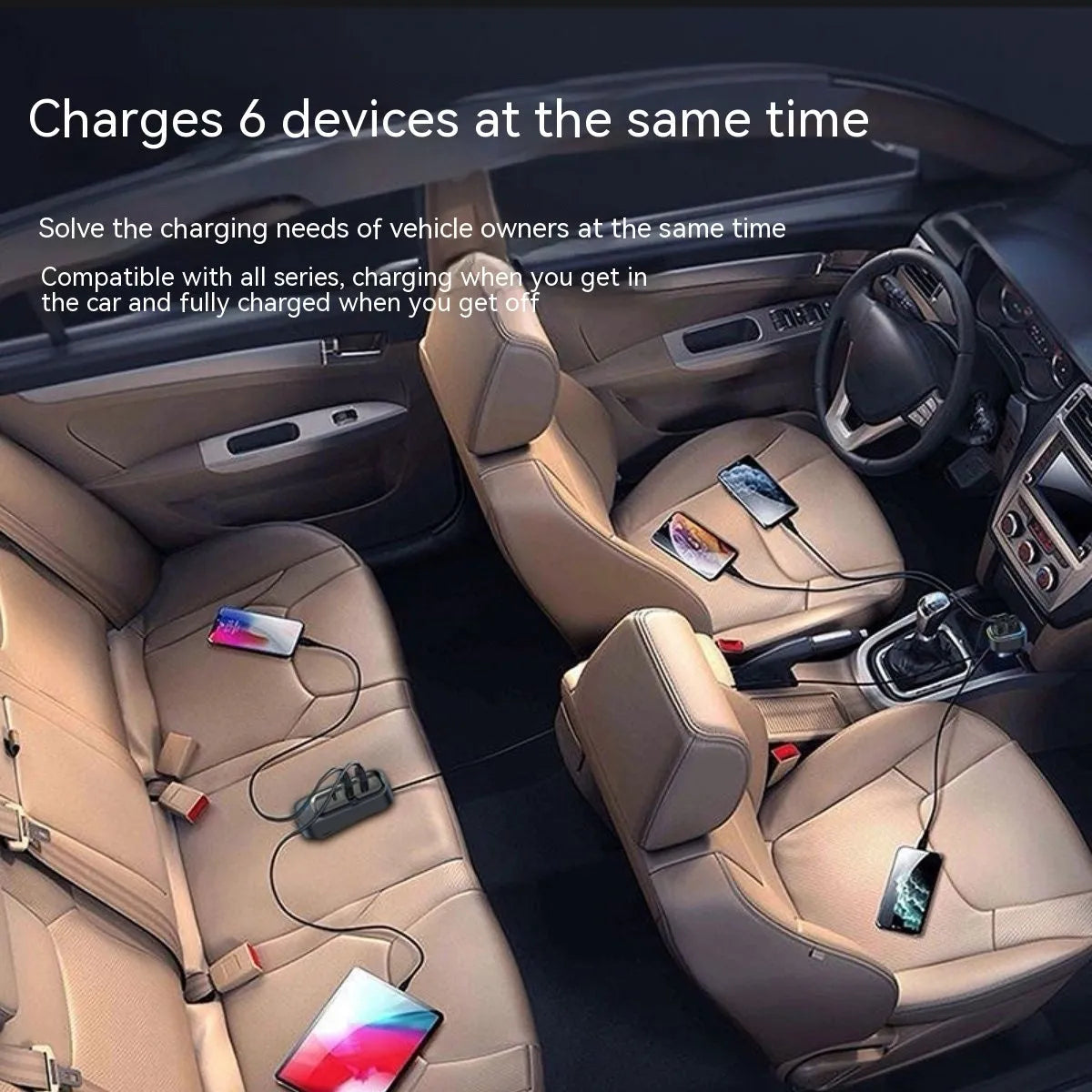 Black automatic retractable car charger with USB ports for Apple and Huawei devices