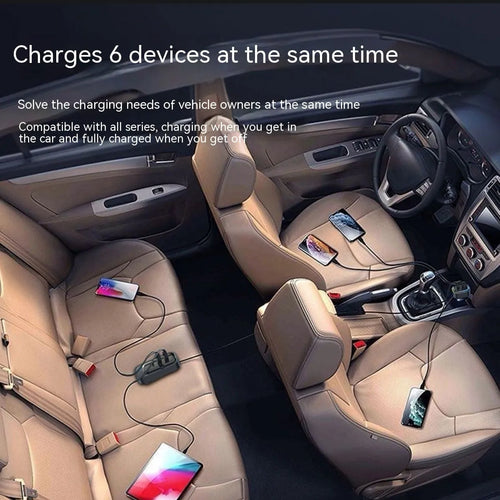 Black automatic retractable car charger with USB ports for Apple and Huawei devices