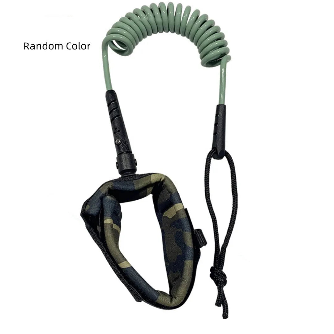 Surfboard hand holding rope showing elastic construction and connection hardware