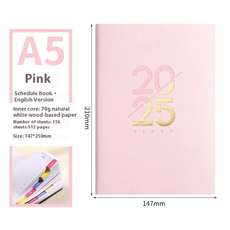 A5 daily schedule book with soft faux leather cover, open to show thread-bound 150 pages.