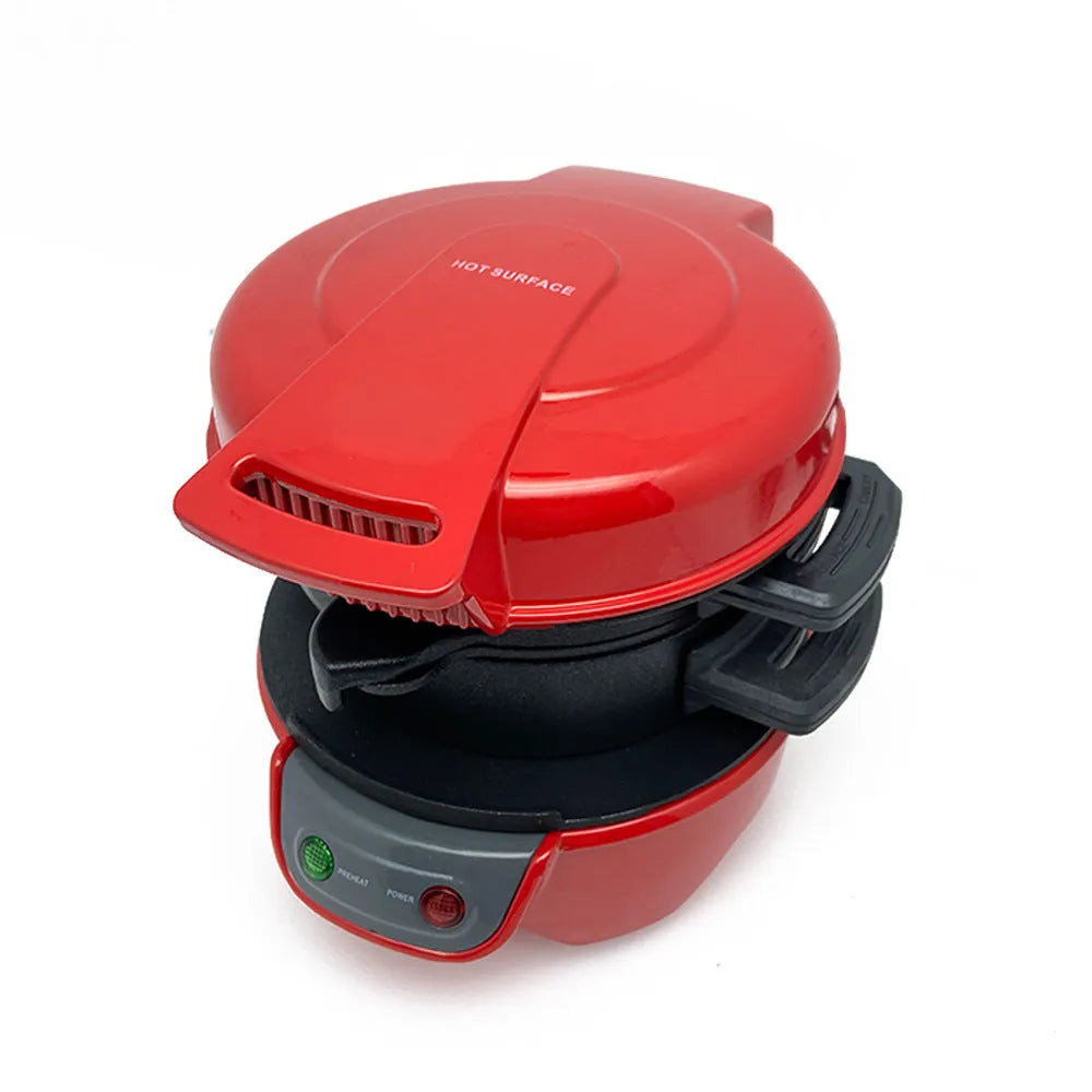 Bright red multifunction breakfast sandwich maker with egg cooker ring and two baking trays