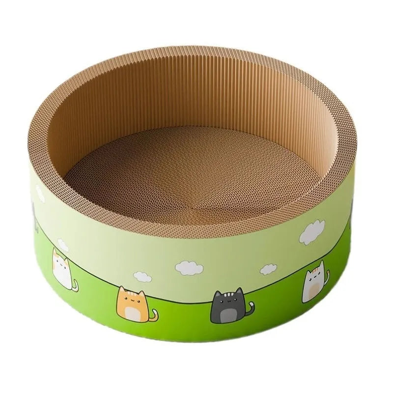 Corrugated paper cat scratch board with deep pit texture in round design, measuring 45cm or 50cm