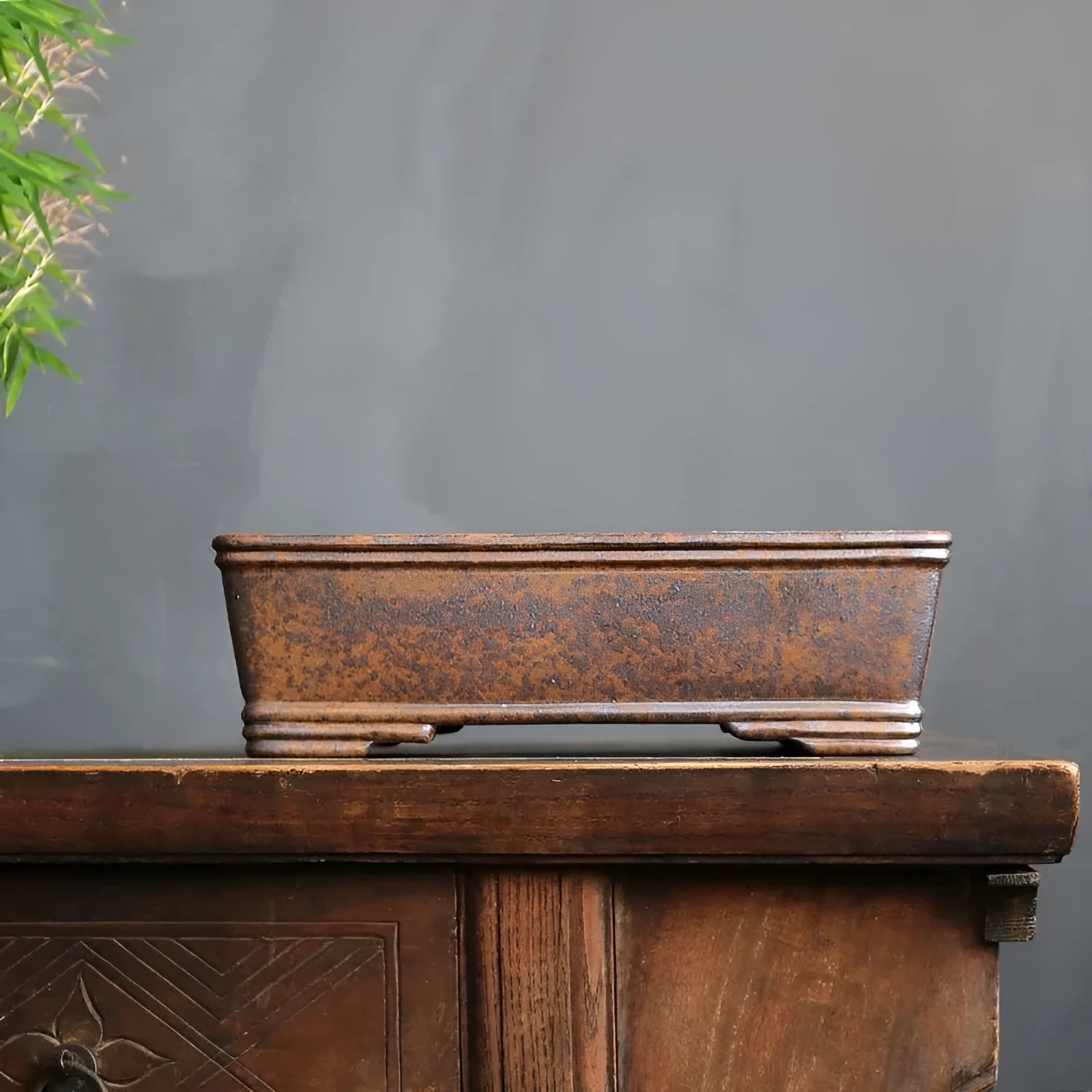 Purple sand rectangular bonsai pot with firewood burning five-line pattern decoration