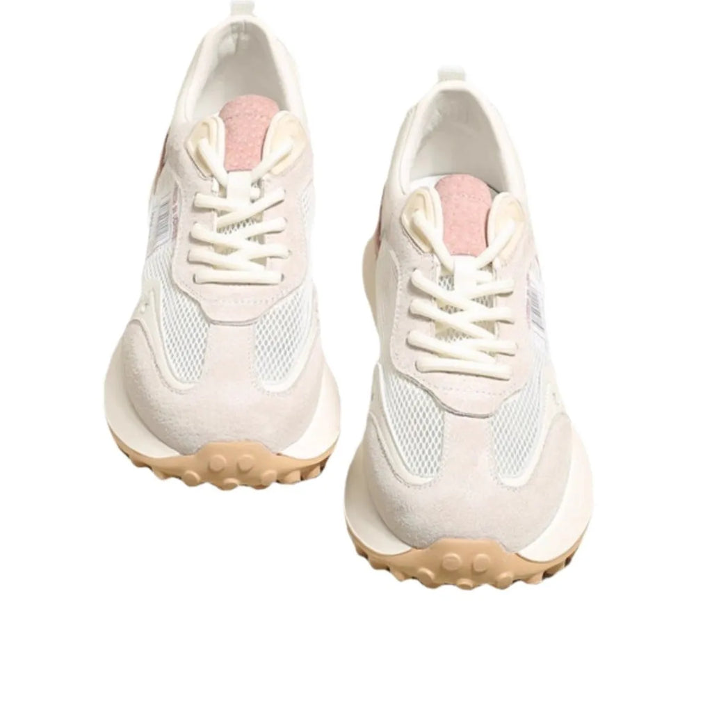 Women's grey and pink retro sneakers with low top design and rubber sole