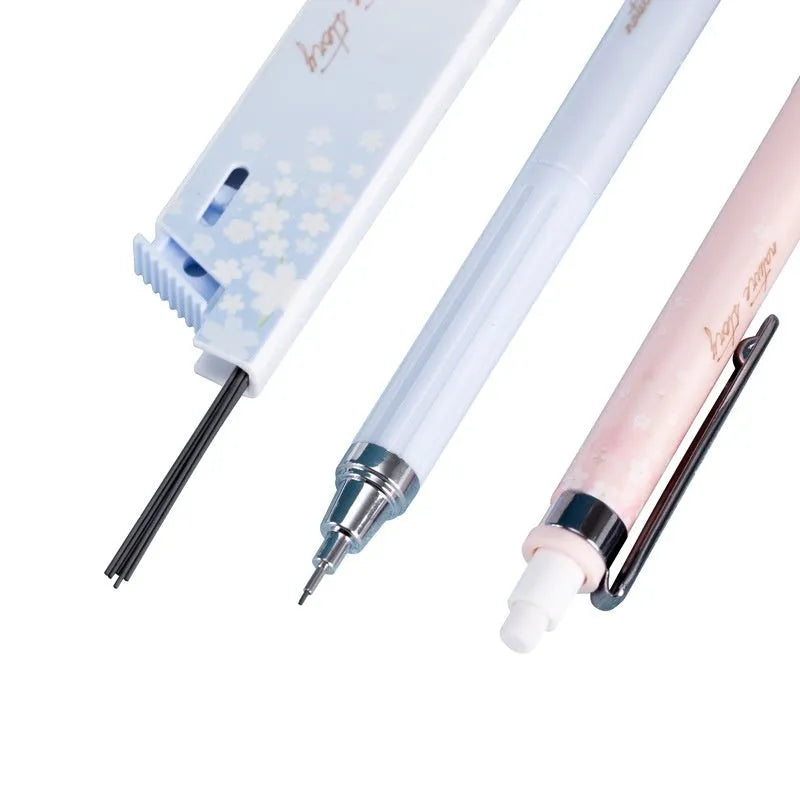 Simplified 0.5mm cartoon automatic pencil set with three pencils and HB refill boxes