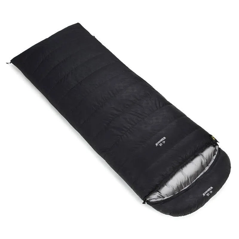 Black outdoor sleeping bag with goose down filler and tear-resistant nylon fabric shown on a neutral background.