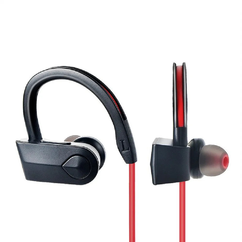 Wireless neckband Bluetooth earphones in black, blue, or red colours with USB charging cable.