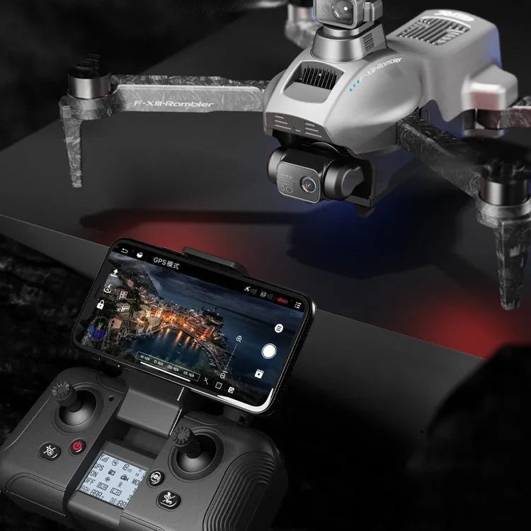 White folding quadcopter drone with 4K camera, obstacle avoidance sensors, and included accessories in shoulder bag