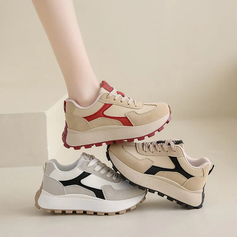 Women's casual platform sport shoes in solid colours with flat rubber sole and lace-up front.