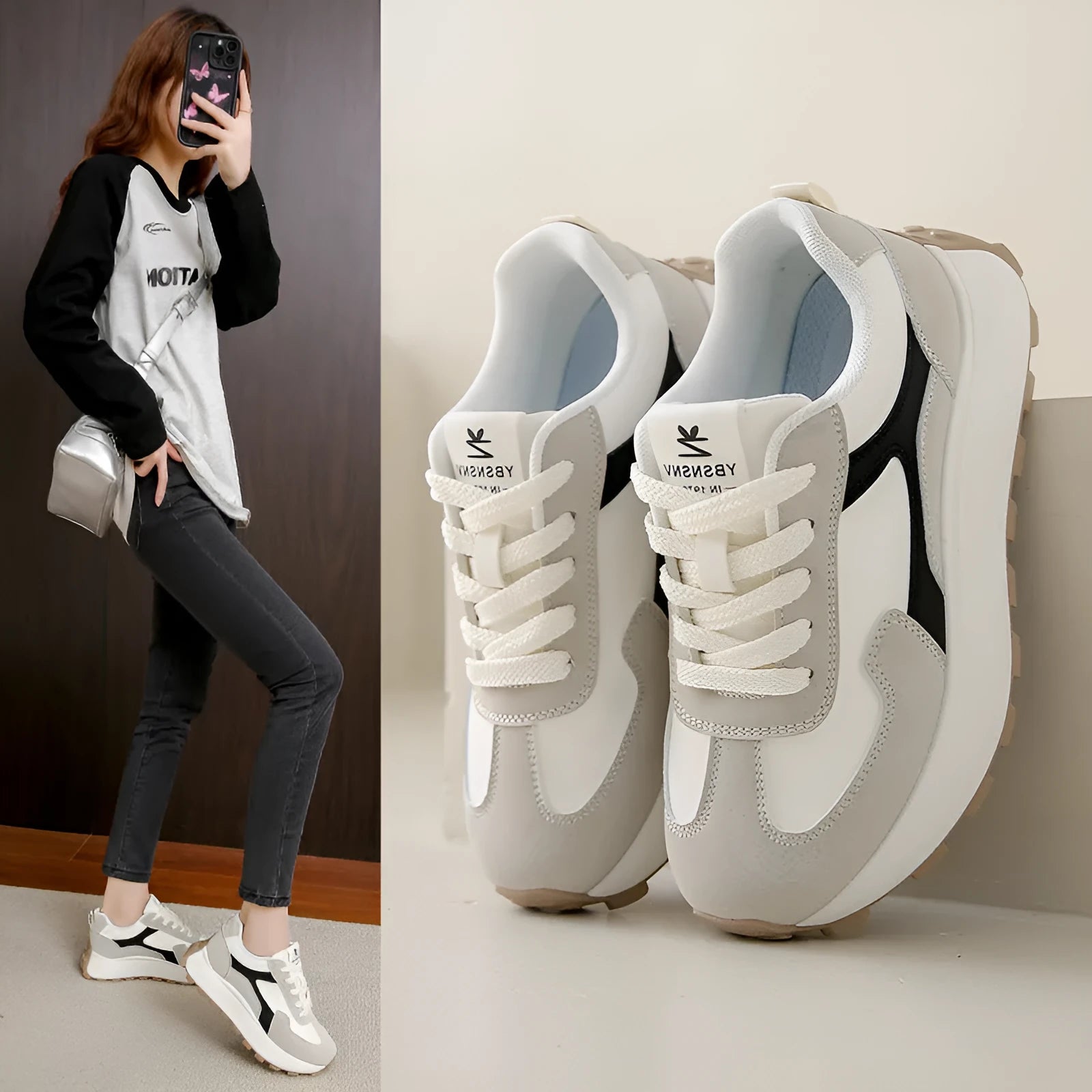 Women's casual platform sport shoes in solid colours with flat rubber sole and lace-up front.