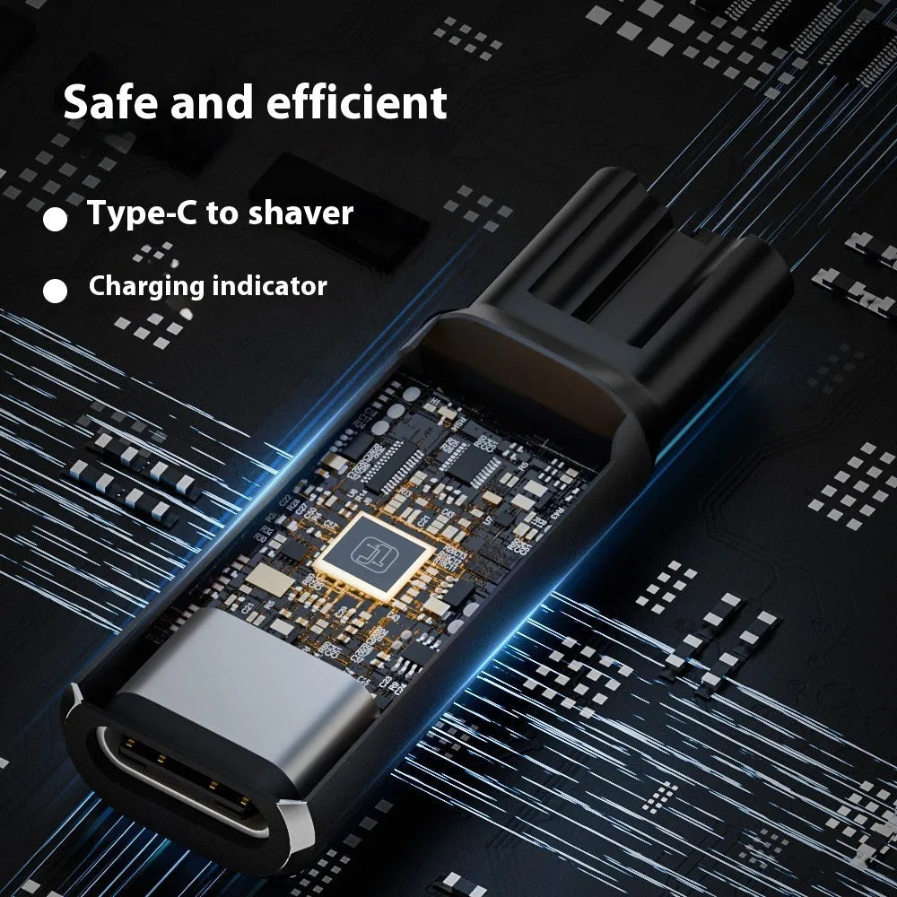Black USB-C charging adapter for electric shavers and hair clippers with aluminium alloy construction