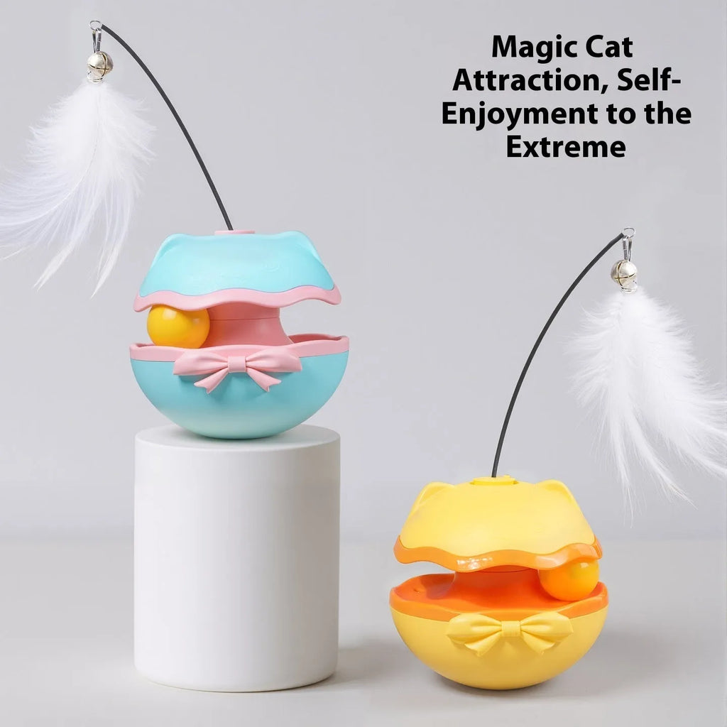 Electric tumbler-style cat teaser stick in lemon yellow, rolling on a floor.