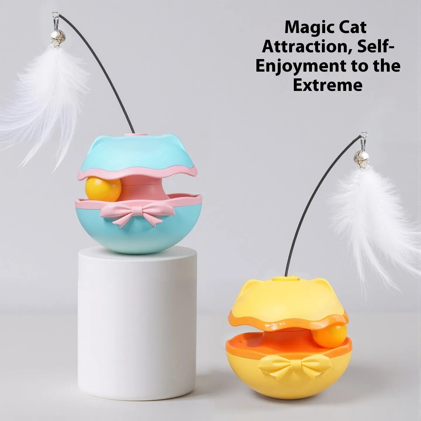 Electric tumbler-style cat teaser stick in lemon yellow, rolling on a floor.
