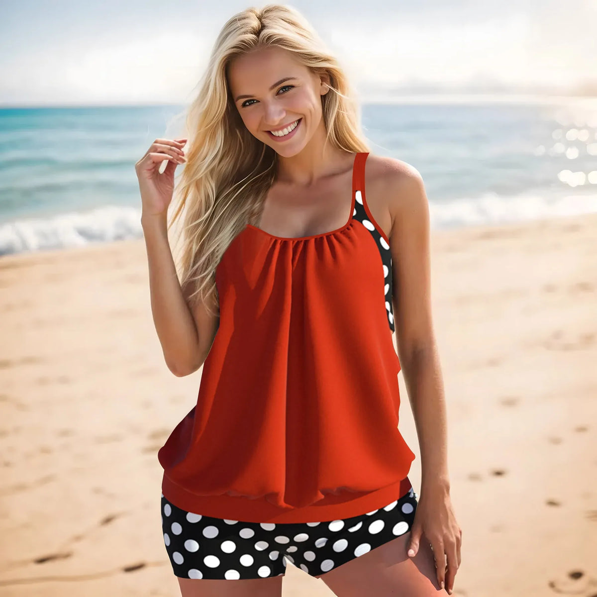 Women's black polka dot bikini set with a high-waisted boxer brief style.