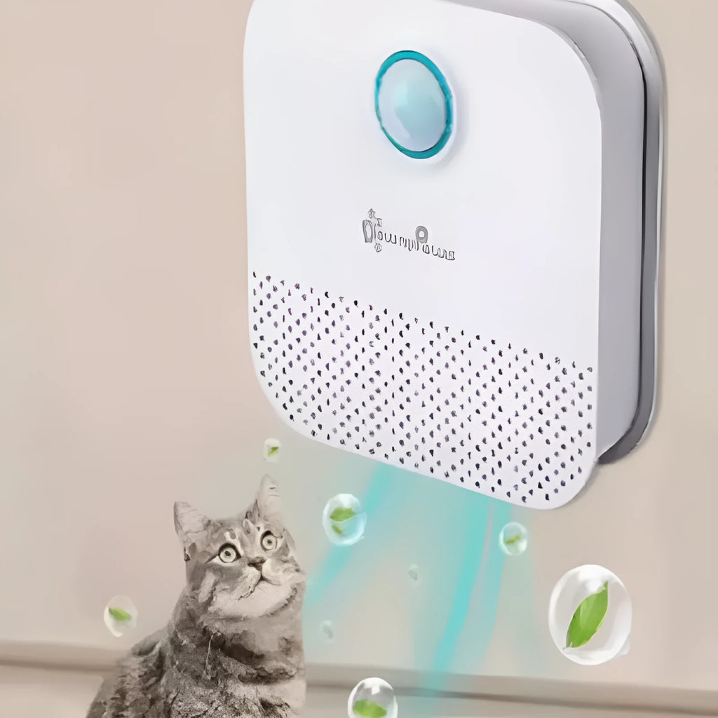 White DownyPaws smart cat litter odour purifier showing compact 9.2cm square design with USB charging port