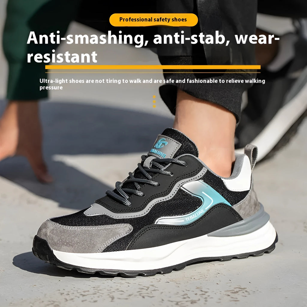 Men's low-top lace-up work safety shoes with suede and mesh upper, steel toe cap, and textured PU outsole.
